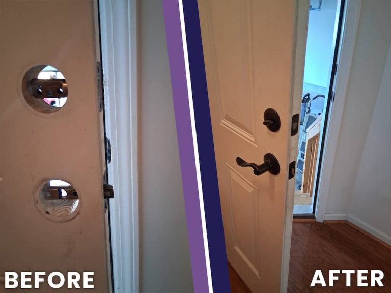 Before and after photo of an interior door with old brass knob and deadbolt replaced by a dark bronze lever handle and deadbolt