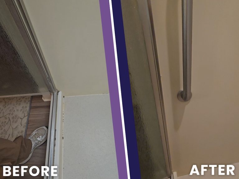 Before and after photo of a stainless steel grab bar installed on the wall beside a shower