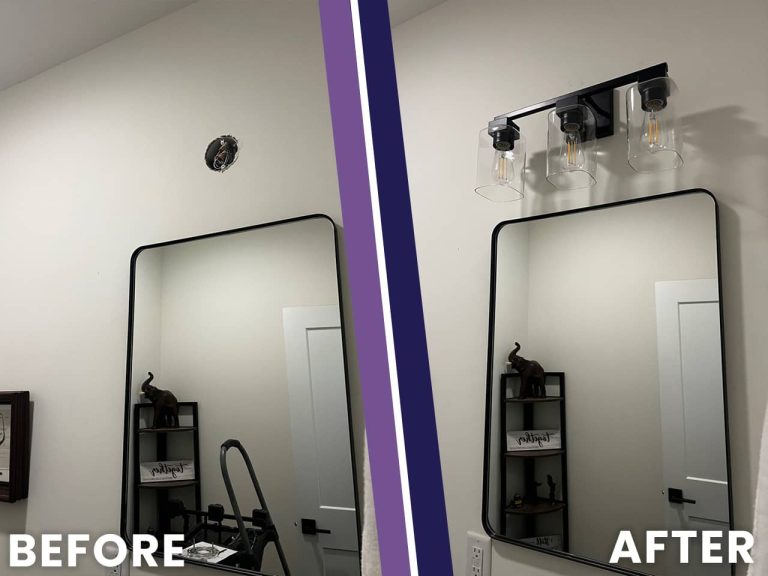 Before and after photo of a bathroom with a bare electrical box above the mirror, finished with a new black three-light vanity fixture
