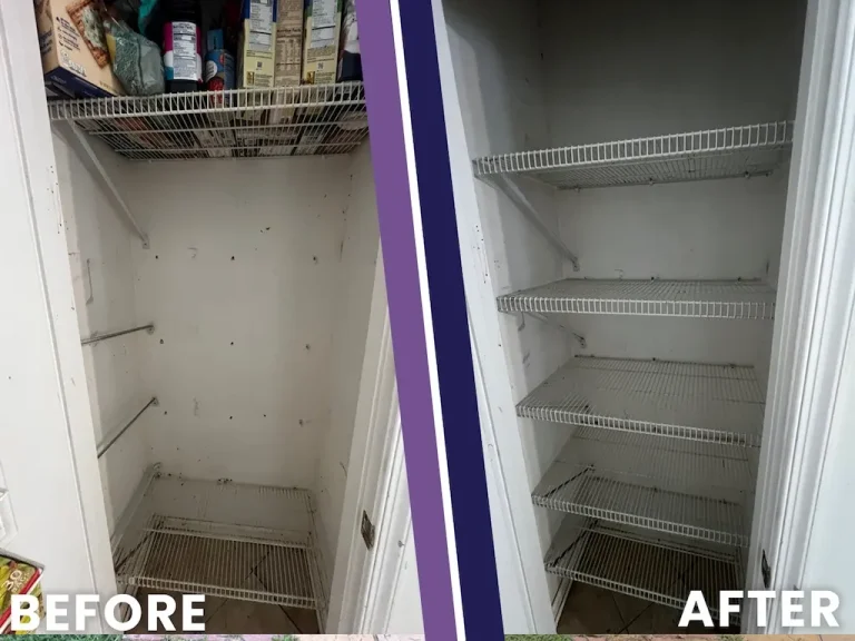 Before and after photo of a pantry closet cleared out and fitted with rows of white wire shelving