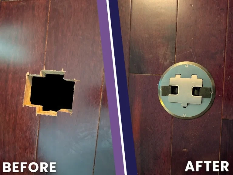 Before and after photo of a large damaged hole in a wood door covered with a round metal repair plate