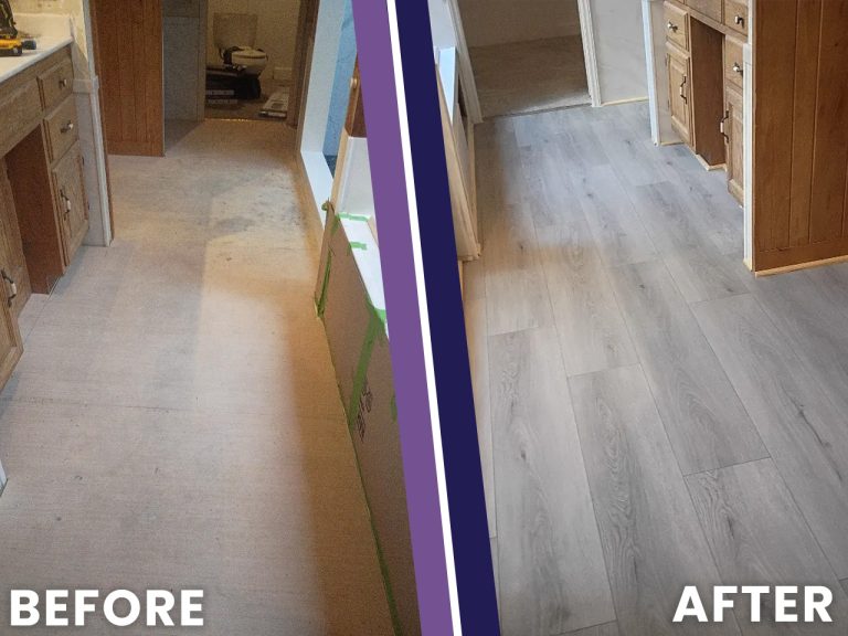 Before and after photo of a bare subfloor finished with new gray wood-look plank flooring