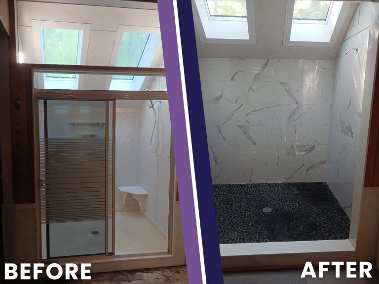 Before and after photo of a shower updated with marble-look wall tile and a pebble tile floor