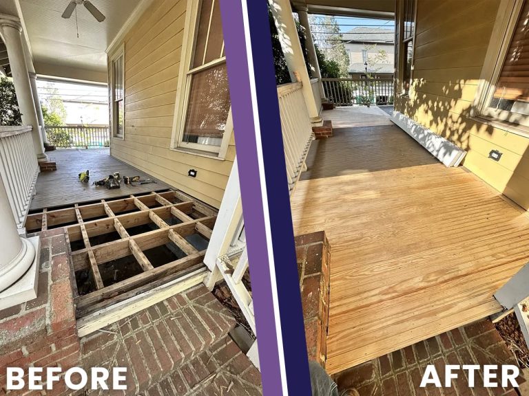 Before and after photo of rotted porch floor framing replaced with new framing and wood decking