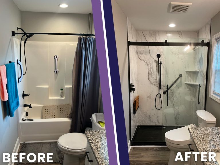 Before and after photo of a bathtub replaced with a walk-in shower featuring glass doors and a grab bar