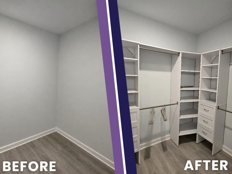 Before and after photo of an empty closet fitted with white shelving, hanging rods, and drawers
