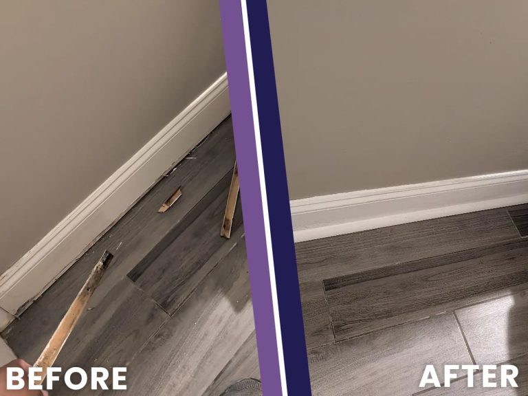 Before and after photo of broken floor planks and a damaged baseboard replaced with new plank flooring and white baseboard trim
