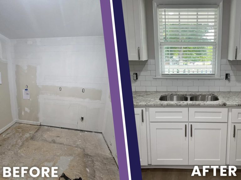 Before and after photo of an empty kitchen wall finished with white cabinets, granite countertop, and stainless sink