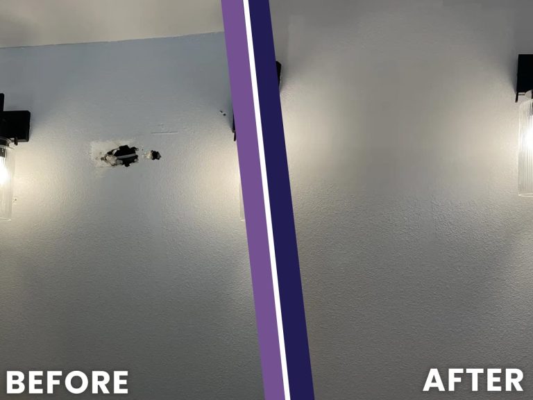 Before and after photo of a hole in a gray painted wall patched and repainted to match