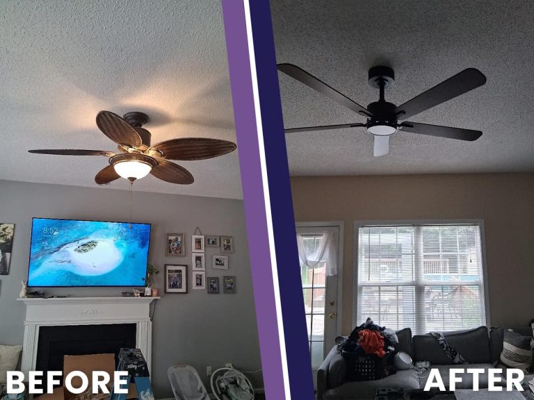 Before and after photo of an outdated ceiling fan replaced with a modern black ceiling fan with light