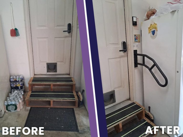 Before and after photo of a home entry door with a grab bar installed beside the steps for safer access