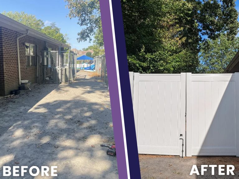 Before and after photo of an open side yard enclosed with a white vinyl privacy fence and gate