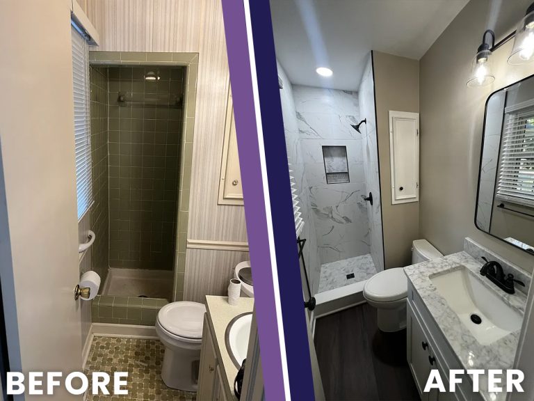 Before and after photo of a dated bathroom with a narrow shower stall remodeled with a white tile shower, wall niche, new vanity, and updated fixtures