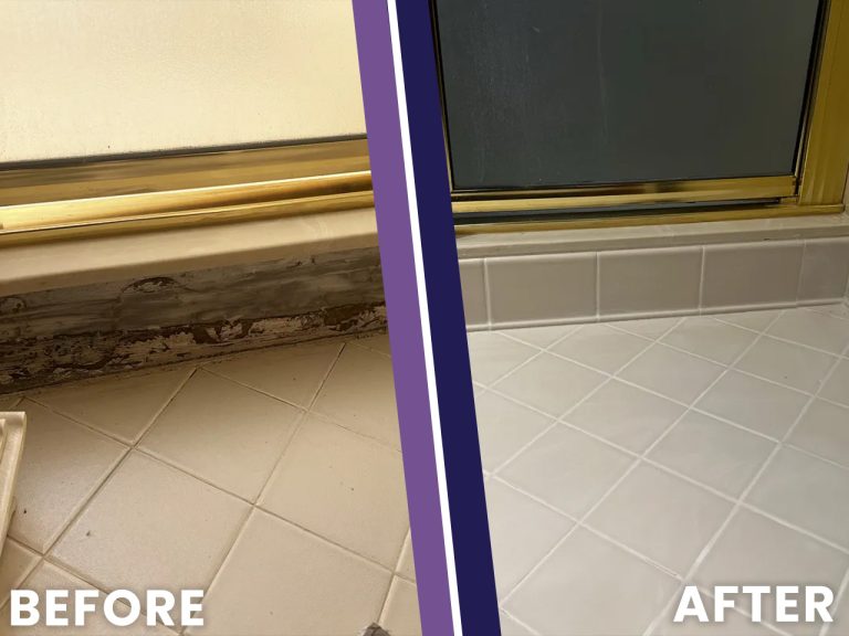 Before and after photo of a water-damaged shower threshold rebuilt with new tile
